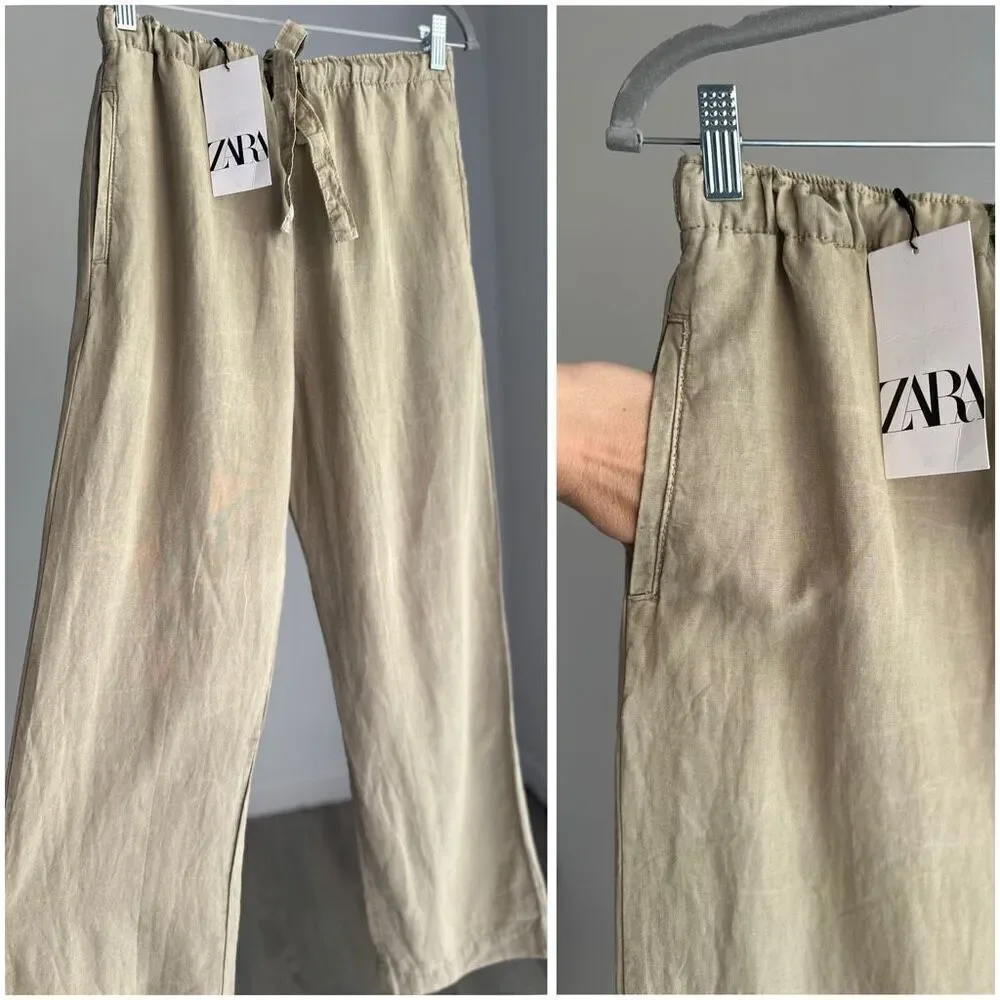 NWT ZARA ZW COLLECTION PAJAMA PANTS LIGHT KHAKI GREEN SMALL